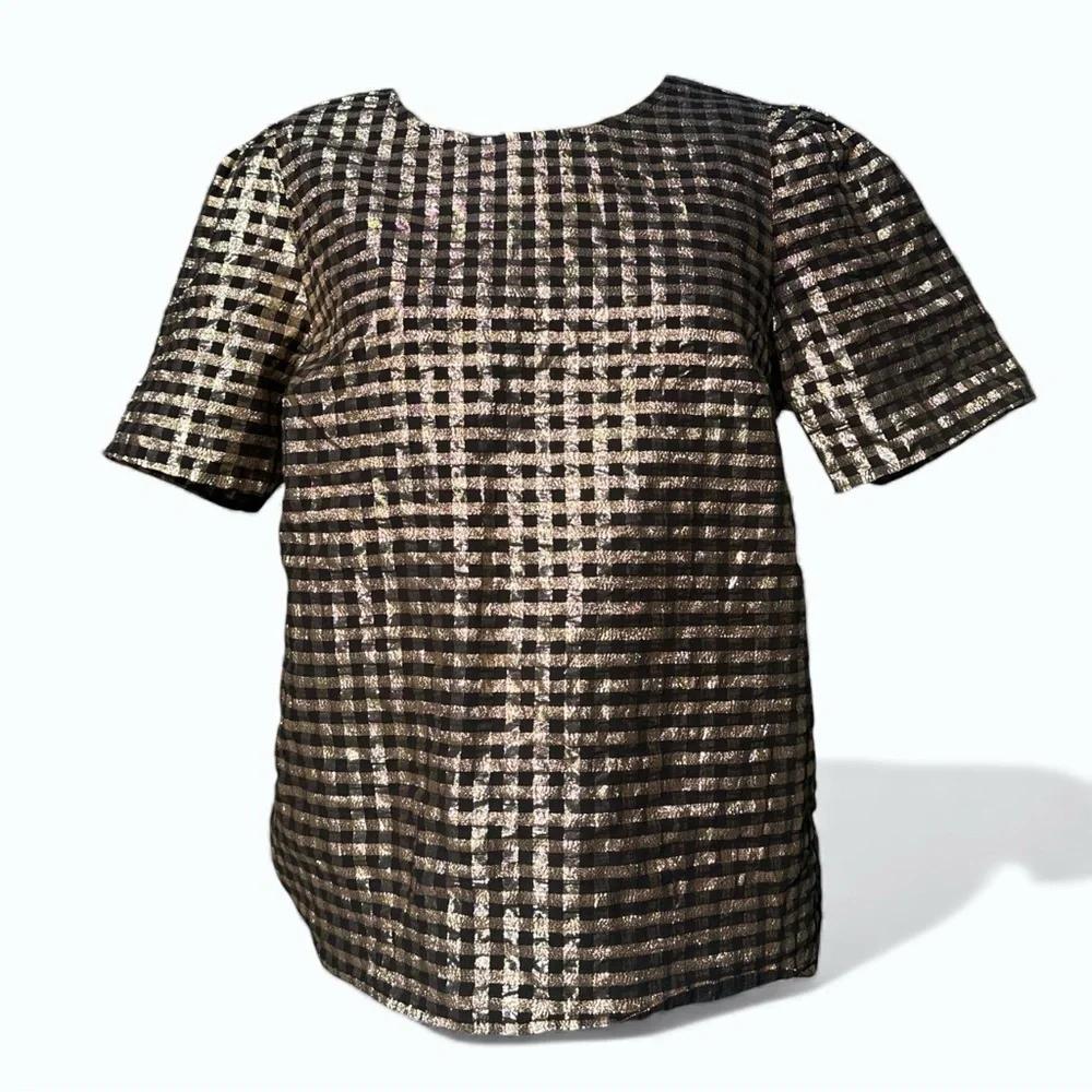 J.Crew Gold Lurex Gingham Puff-Sleeve Metallic Top Women’s Size S